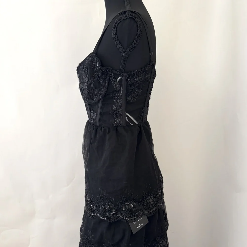 Lulus Alluring Sensation Black Tulle Embroidered Tiered Maxi Dress, Size XS, NWT - Picture 7 of 15